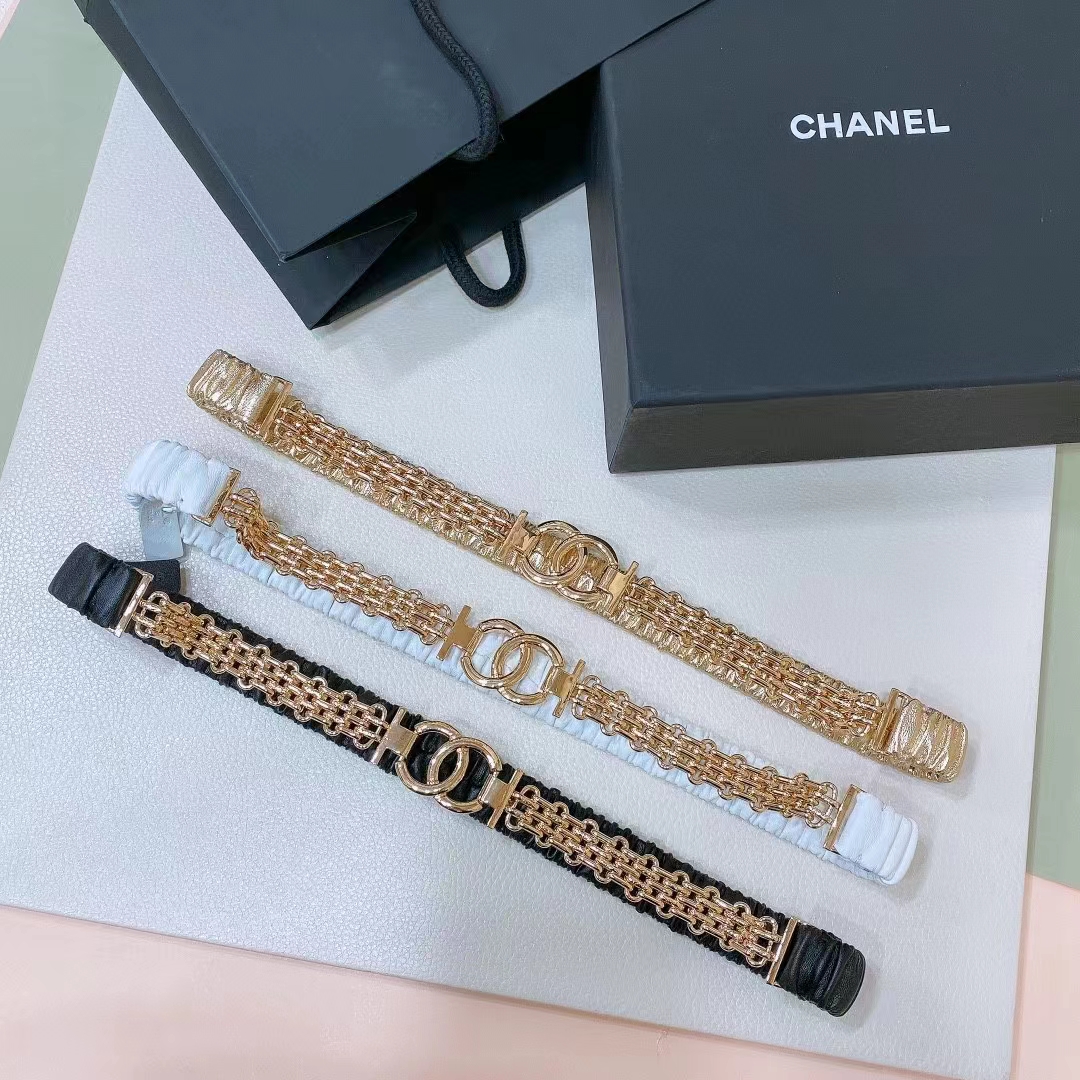 Chanel Women CC Chain Belt Lambskin Leather Gold-Tone Metal Strass Black