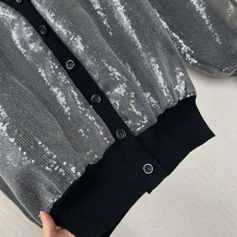 Prada Women Sequin-Embroidered Tulle Cardigan-Black