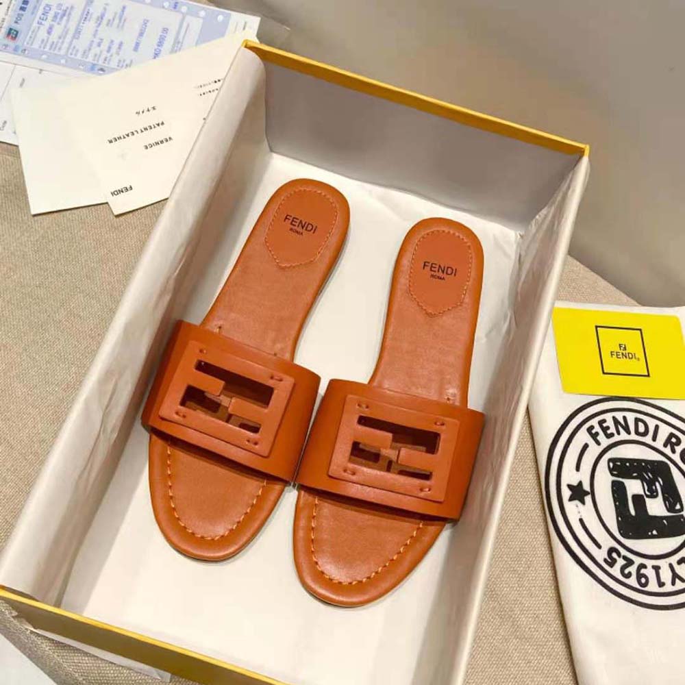 Fendi Women Signature Brown Leather Slides in 0.4 inches Heel Height
