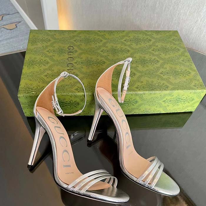 Gucci Women GG High Heeled Metallic Sandal Silver Leather Ankle Strap Metal Double G Buckle Crystals