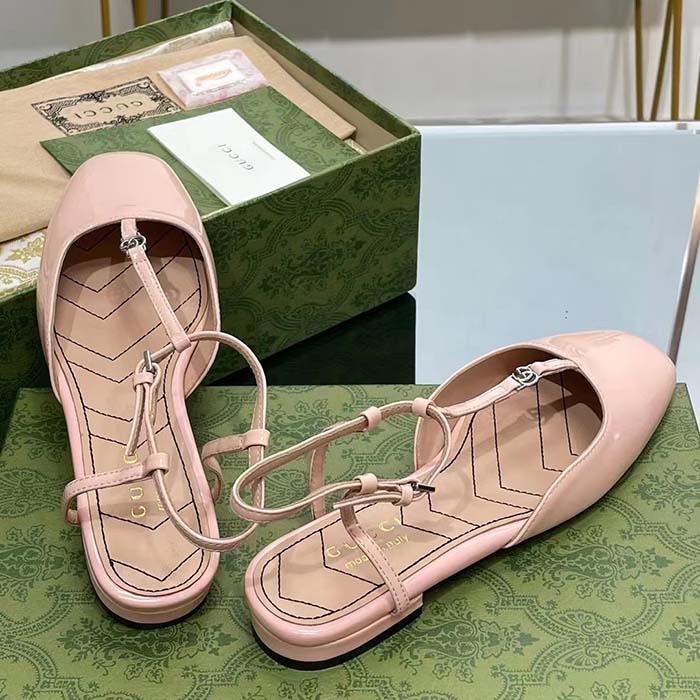 Gucci Women GG Double G Ballet Flat Light Pink Patent Leather Square Toe