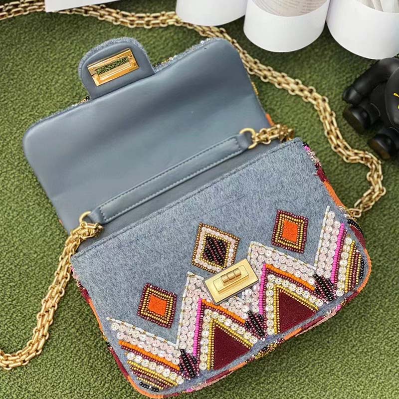 Chanel Women CC Only 1 Bag Set Of 4 Minis Bags Blue Lambskin Sequins Glass Pearls