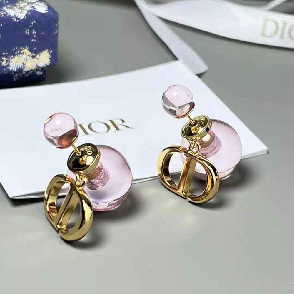 Dior Women Tribales Earrings Gold-Finish Metal and Light Pink Transparent Resin Pearls