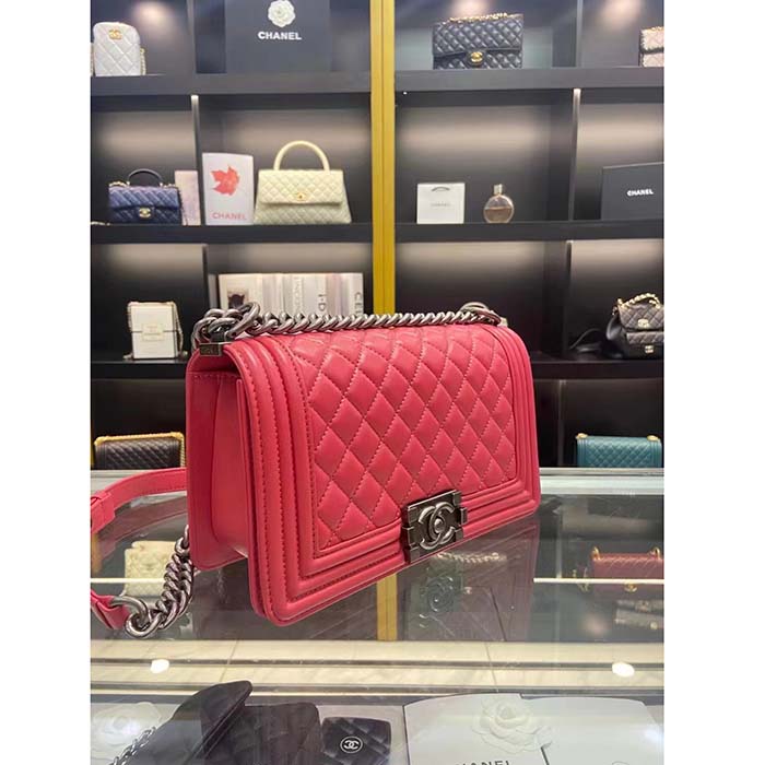 Chanel Women CC Leboy Flap Bag Chain in Calfskin Leather-Red