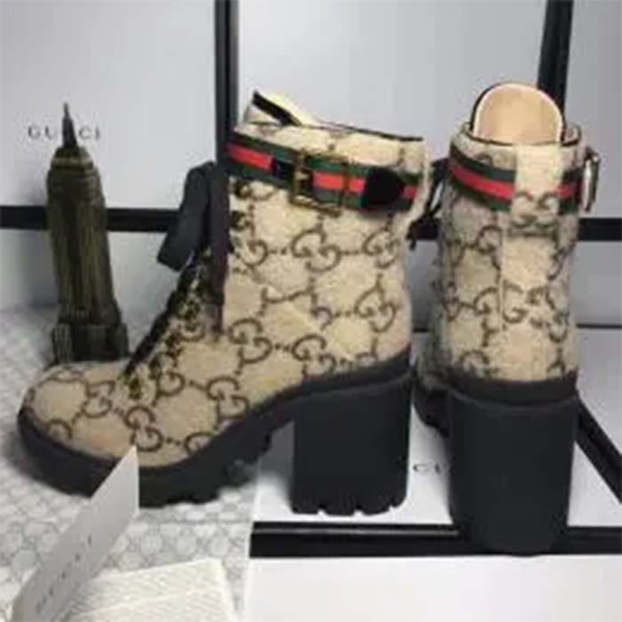 Gucci Women Gucci Zumi GG Wool Ankle Boot Beige Ebony GG Wool