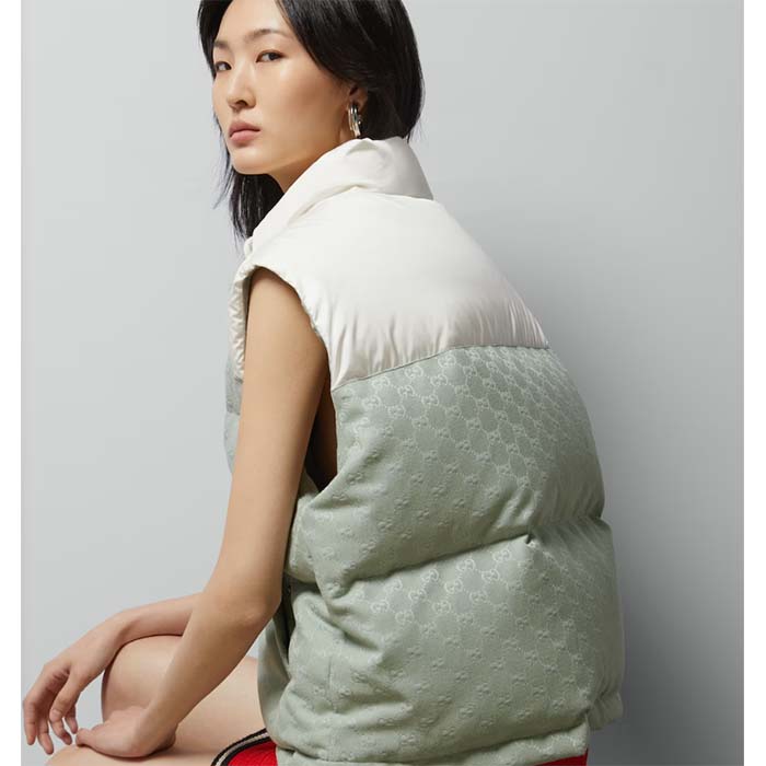 Gucci Women GG Cotton Canvas Padded Vest Blue Lined High Neck Sleeveless Two Side Pockets