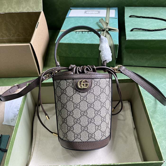Gucci GG Unisex Ophidia Mini Bucket Bag Beige Ebony GG Supreme Double G