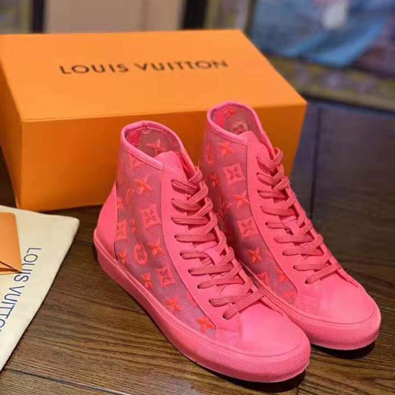 Louis Vuitton LV Unisex Tattoo Sneaker Boot in Damier Tartan Canvas with Monogram Embroidery-Pink