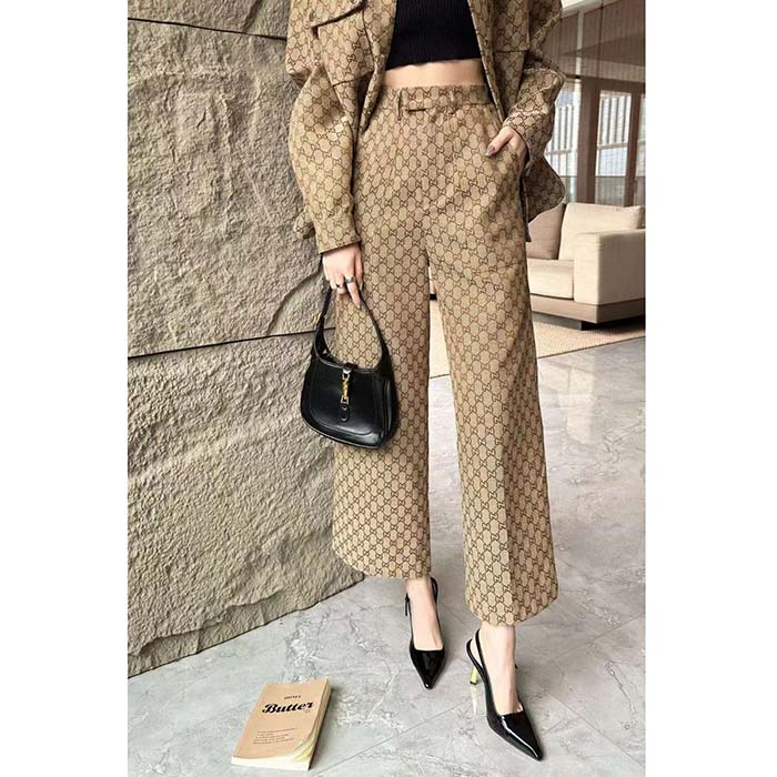 Gucci Women GG Canvas Pant Belt Loops Wide Leg Cropped Length