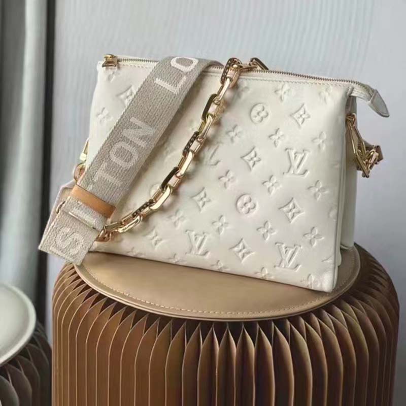 Louis Vuitton LV Women Coussin PM Handbag Cream Monogram-Embossed Puffy Lambskin Calfskin