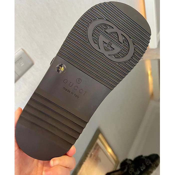 Gucci Women GG Sandal Crystals Black Mesh Tonal Suede Rubber Sole Flat