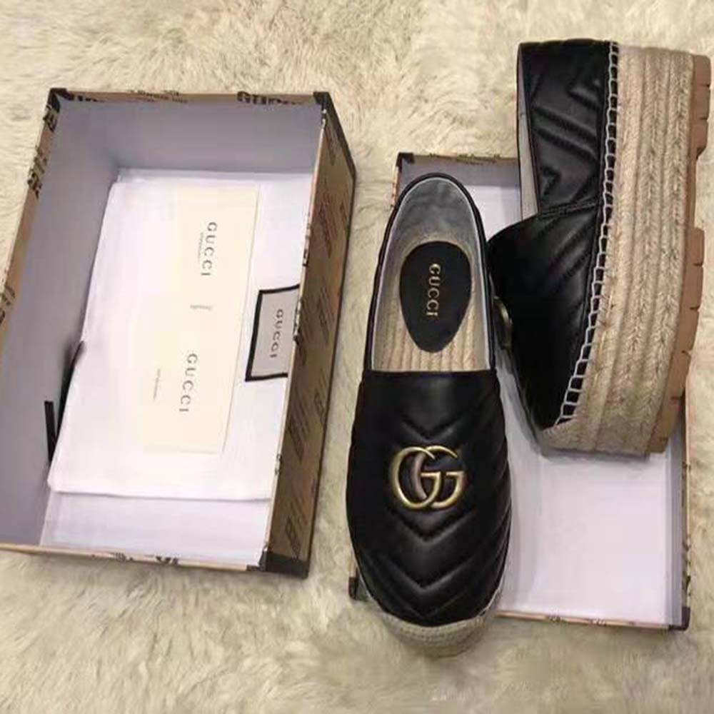 Gucci Women Chevron Leather Espadrille with Double G in 5.1 cm Height-Black