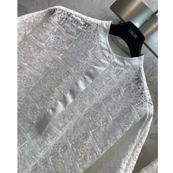 Dior Women CD Blouse Ecru Technical Cotton Lace Front Button Closure Mother-Of-Pearl Buttons
