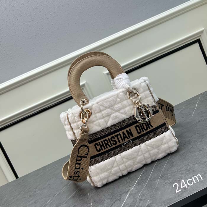 Dior Women CD Medium Lady D-Lite Bag Ice Cannage Shearling Interior Zip Large Patch Pocket