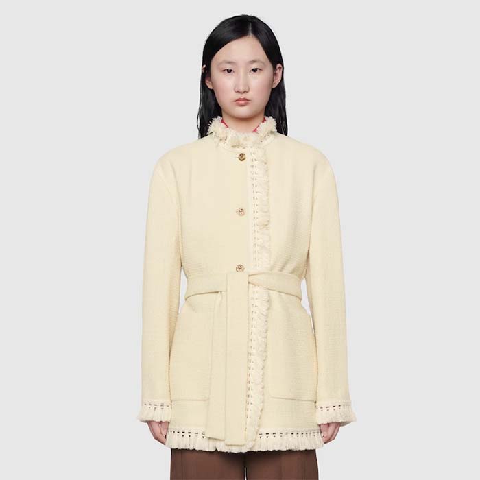 Gucci Women GG Belted Wool Bouclé Jacket White Ribbon Lined Detachable Patch Pockets