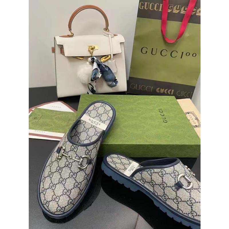 Gucci Unisex Slipper Blue Beige GG Supreme Canvas Rubber Sole Low 1 Cm Heel