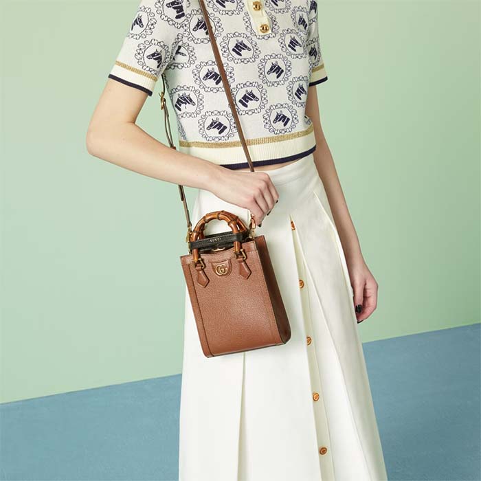 Gucci GG Women Gucci Diana Mini Tote Bag Double G Cuir Leather