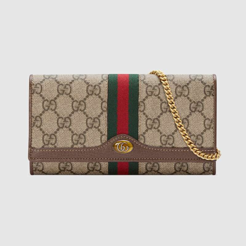 Gucci GG Women Ophidia GG Chain Wallet in Beige/Ebony GG Supreme Canvas
