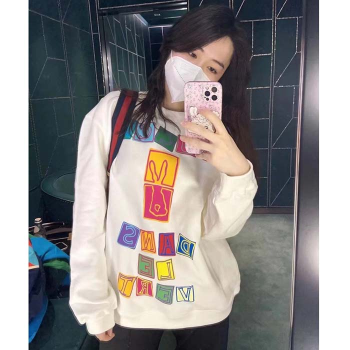 Gucci Women GG Cotton Jersey Sweatshirt Crewneck Rib Cotton Long Sleeves