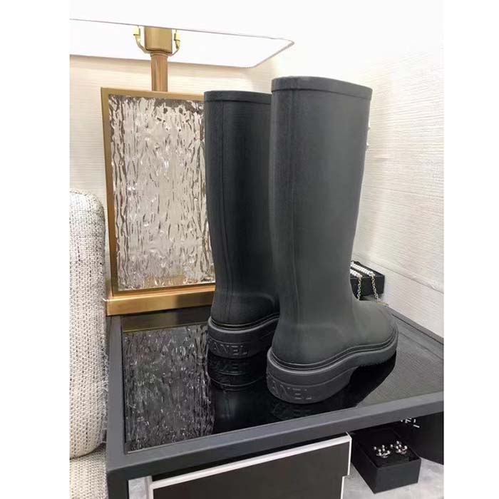 Chanel Women CC High Boots Caoutchouc Leather Black
