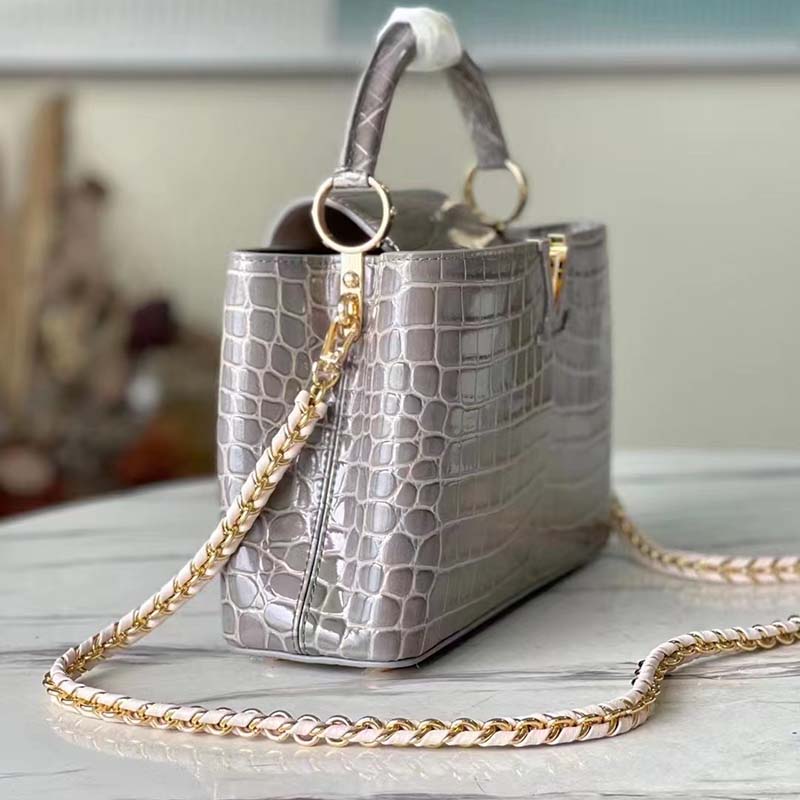 Louis Vuitton LV Women Capucines BB Handbag Grey Crocodilian Leather