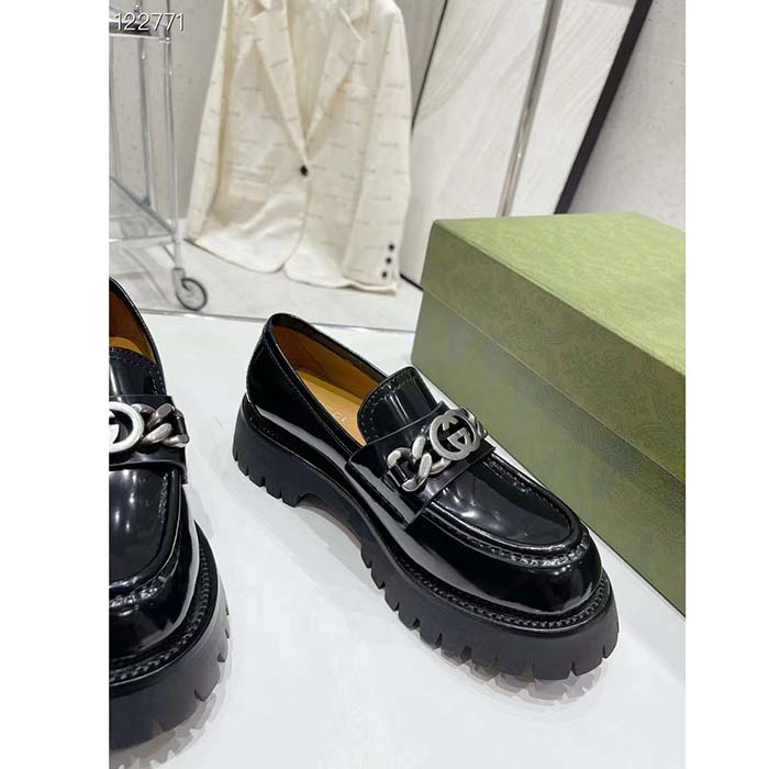 Gucci Women GG Interlocking G Lug Sole Loafer Black Leather Rubber Flat 1.5 CM Heel