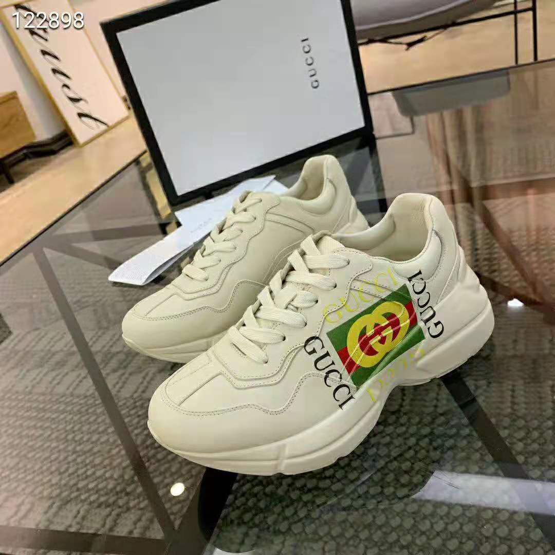 Gucci Men Rhyton Gucci Logo Leather Sneaker-Beige