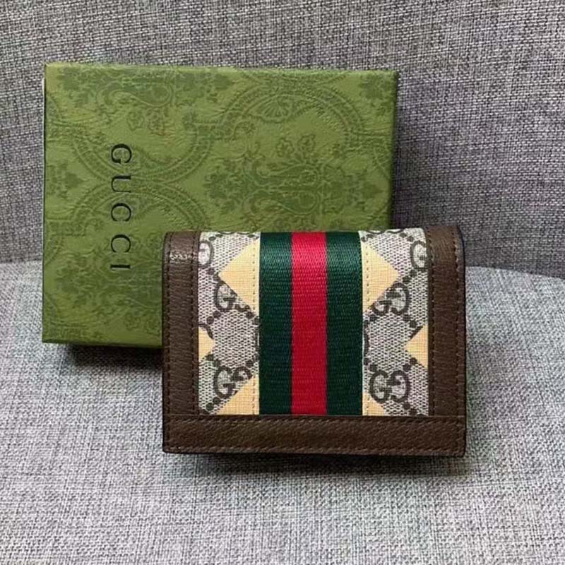 Gucci Unisex GG Ophidia Card Case Wallet Brown Leather Beige Ebony Supreme Canvas
