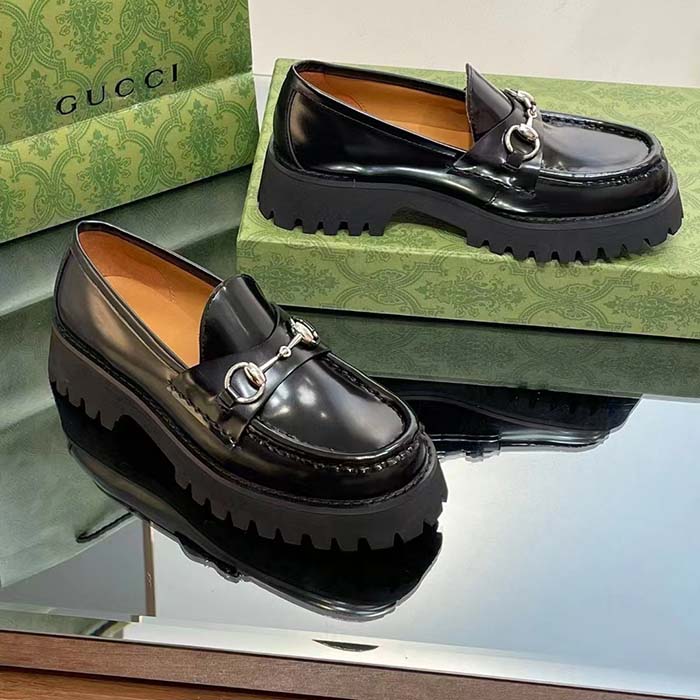 Gucci Women GG Loafer Horsebit Black Leather Rubber Lug Sole Flat