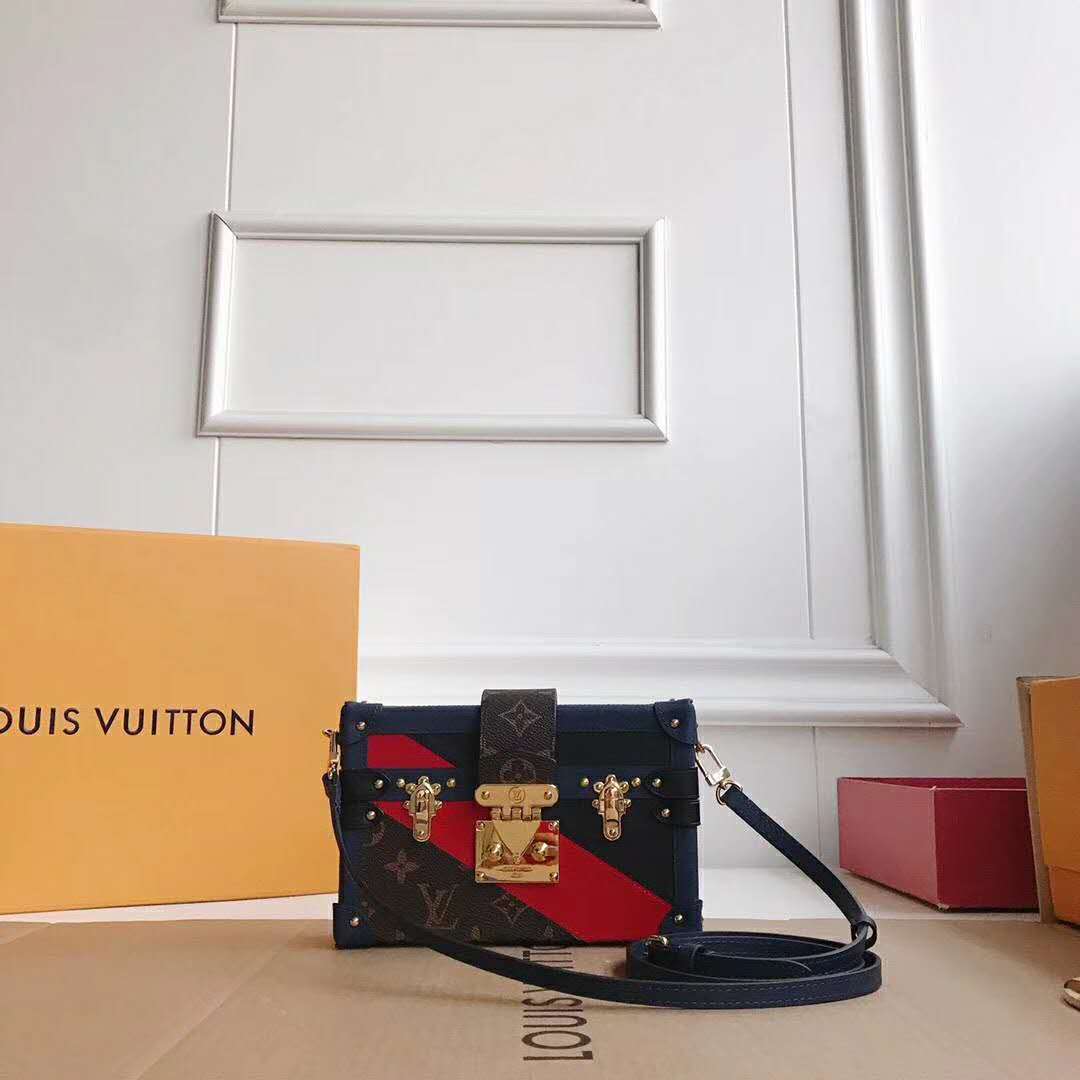Louis Vuitton LV Women Petite Malle Handbag in Calf Leather and Monogram Coated Canvas