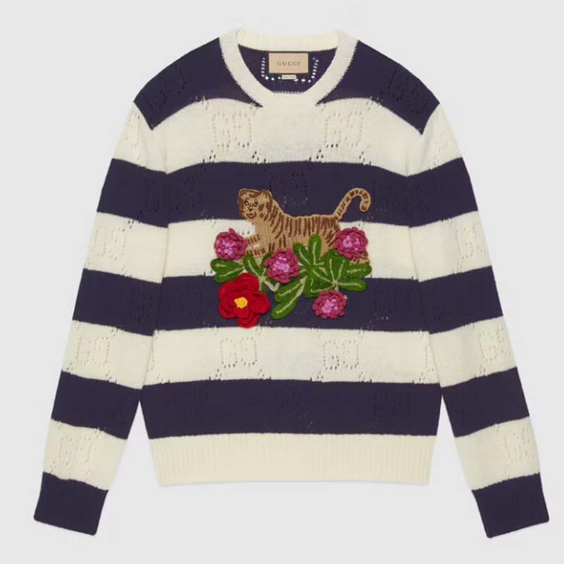 Gucci GG Women Gucci Tiger Wool Sweater Embroidery Tiger Flower Crewneck
