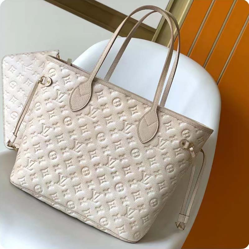 Louis Vuitton Women LV Neverfull MM Carryall Tote Beige Sprayed Embossed Grained Cowhide