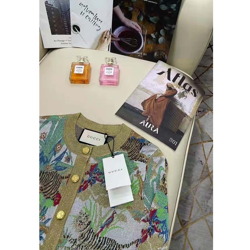 Gucci Women GG Tiger Jacquard Cardigan Gold Green Tiger Flower Extra Fine Lurex Crewneck