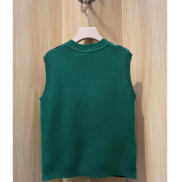 Gucci Women GG HA HA HA Square G Vest Green Pink Wool Jacquard V-Neck Sleeveless