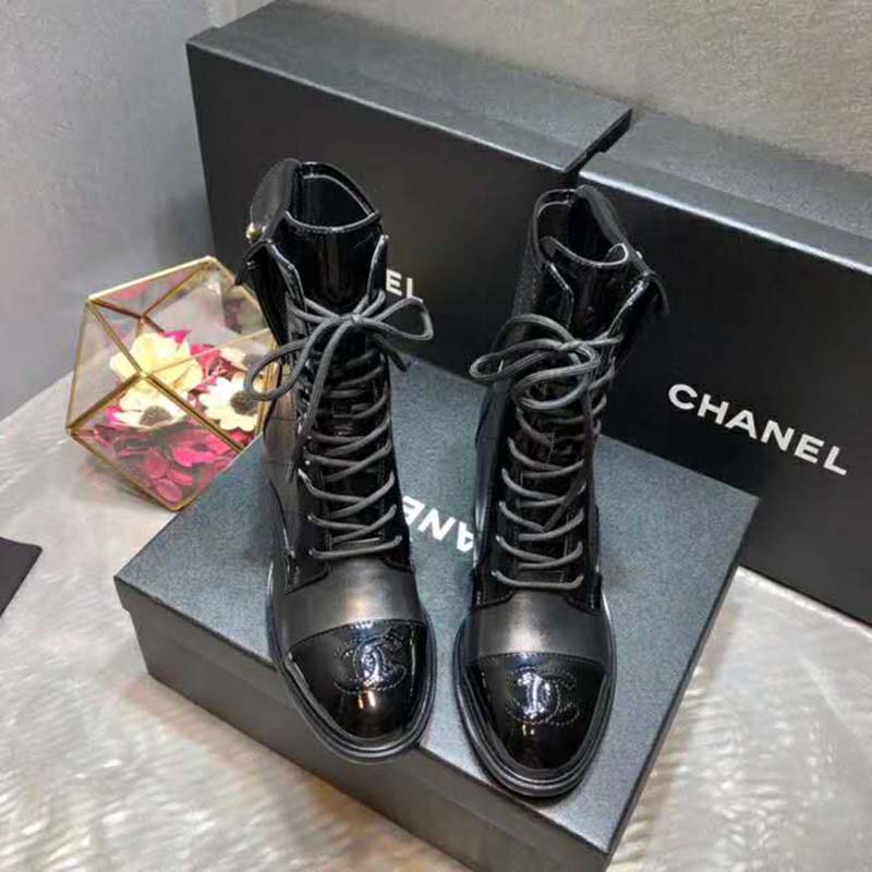 Chanel Women Patent Calfskin & Crumpled Calfskin Ankle Boots-Black
