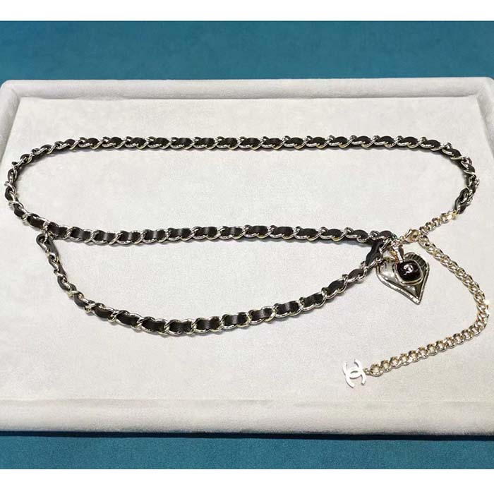 Chanel Women CC Belt Gold Metal Black Calfskin Leather Chanel Heart Shape Logo