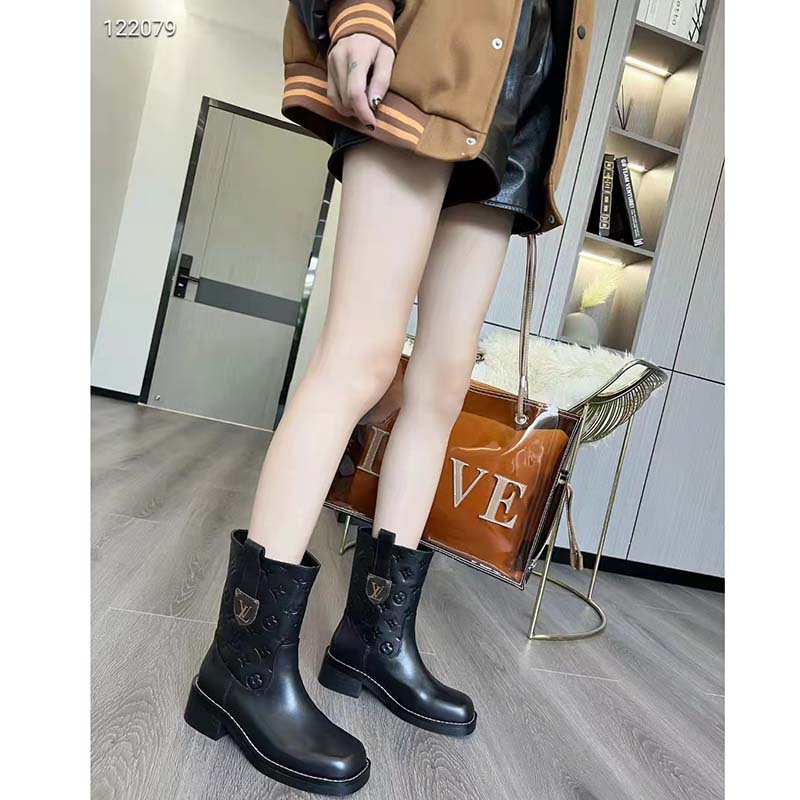Louis Vuitton Women Downtown Ankle Boot Black Embossed Calf Leather 3 cm Heel