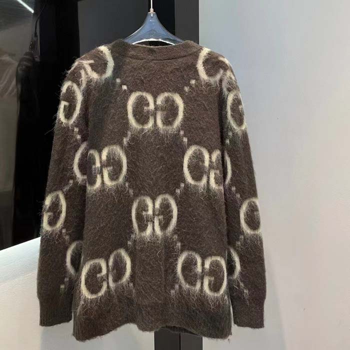 Gucci Women Reversible GG Mohair Wool Cardigan Brushed GG Jacquard Blend V-Neck Front Pockets