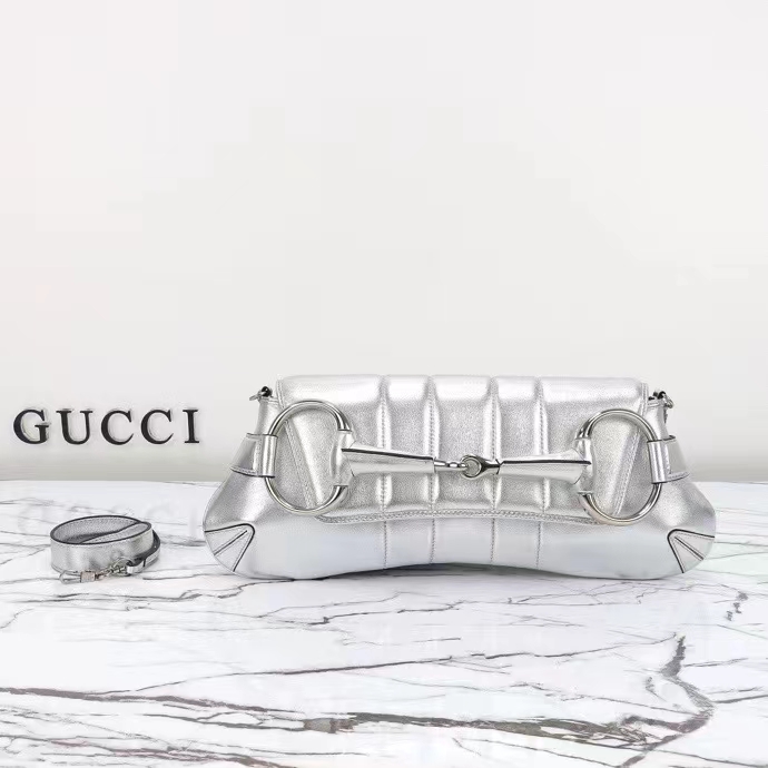 Gucci Women Horsebit Chain Medium Shoulder Bag Silver Metallic Quilted Leather Maxi Horsebit