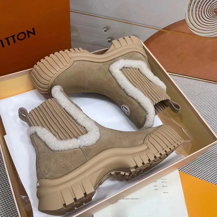 Louis Vuitton Women Shoes LV Ruby Flat Ankle Boot Beige Suede Calf Leather Shearling