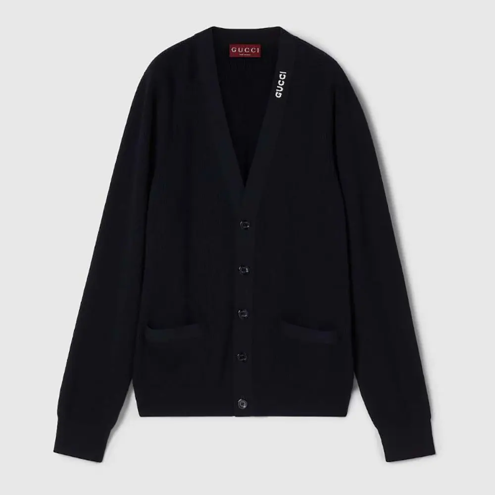 Gucci Men Silk Cotton Cardigan with Intarsia Navy Rib Silk Cotton Knit