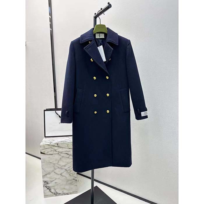 Gucci Women GG Felt Wool Coat Dark Navy Metal Buttons Gucci Cities Label Fully Lined