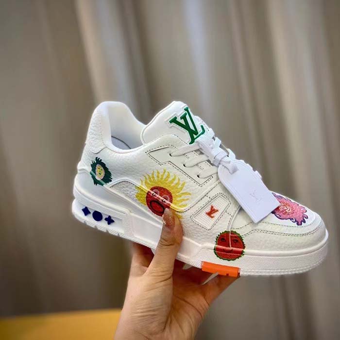 Louis Vuitton Unisex LV x YK LV Trainer Sneaker White Printed Grained Calf Leather Monogram Flowers