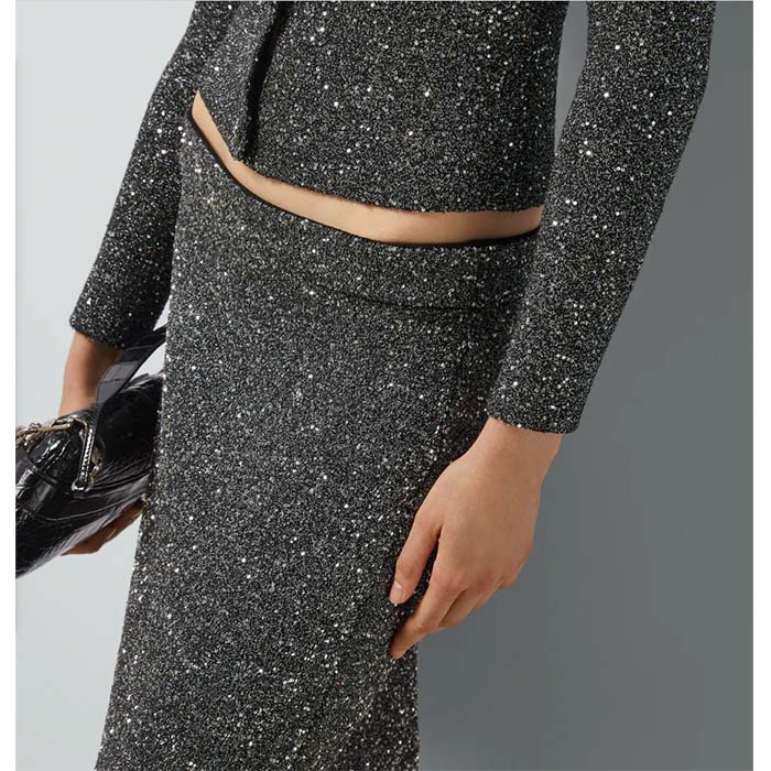 Gucci Women GG Viscose Knit Skirt Blend Sequin Embroidery Black Silver A-Line Zip Closure