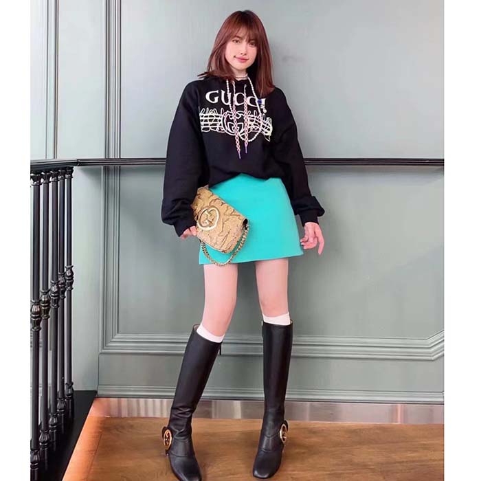 Gucci Women GG Cotton Jersey Sweatshirt Black Felted Long Sleeves Kangaroo Front Pocket