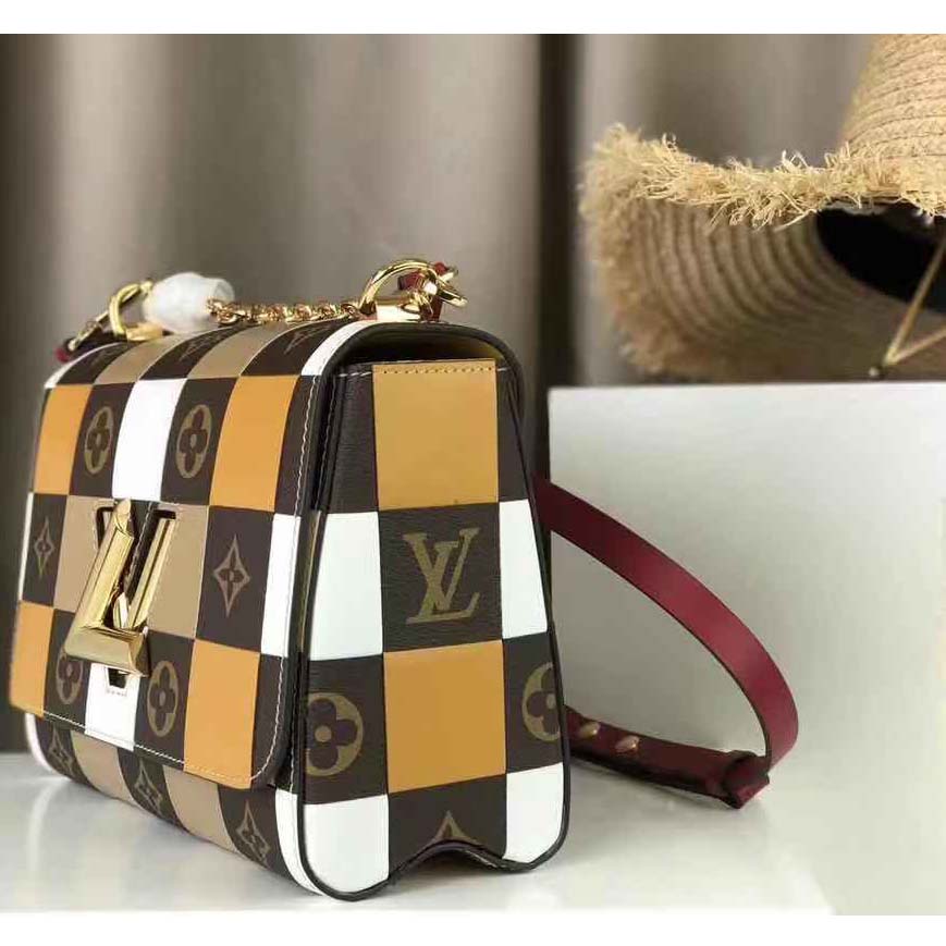 Louis Vuitton LV Women Twist MM Handbag in Smooth Cowhide and Monogram Coated Canvas