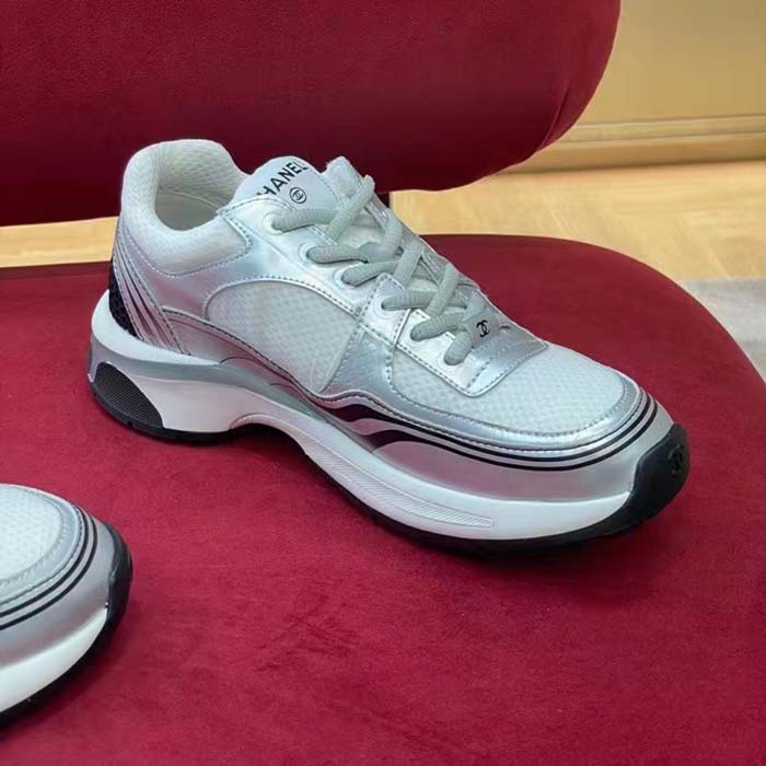 Chanel Women CC Sneakers Fabric Laminated White Silver 1 Cm Heel