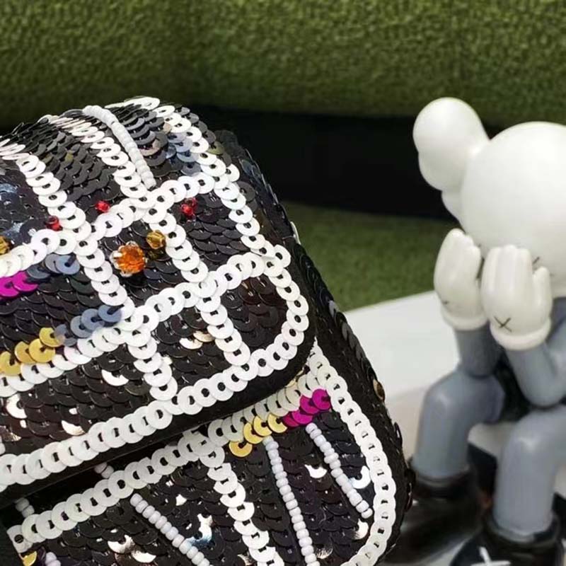 Chanel Women CC Classic Handbag Embroidered Satin Sequins Gold-Tone Metal