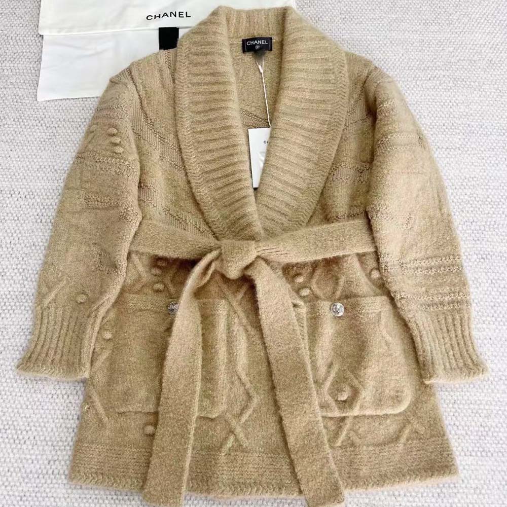 Chanel Women CC Waist Tied Long Sleeved Knitted Sweater