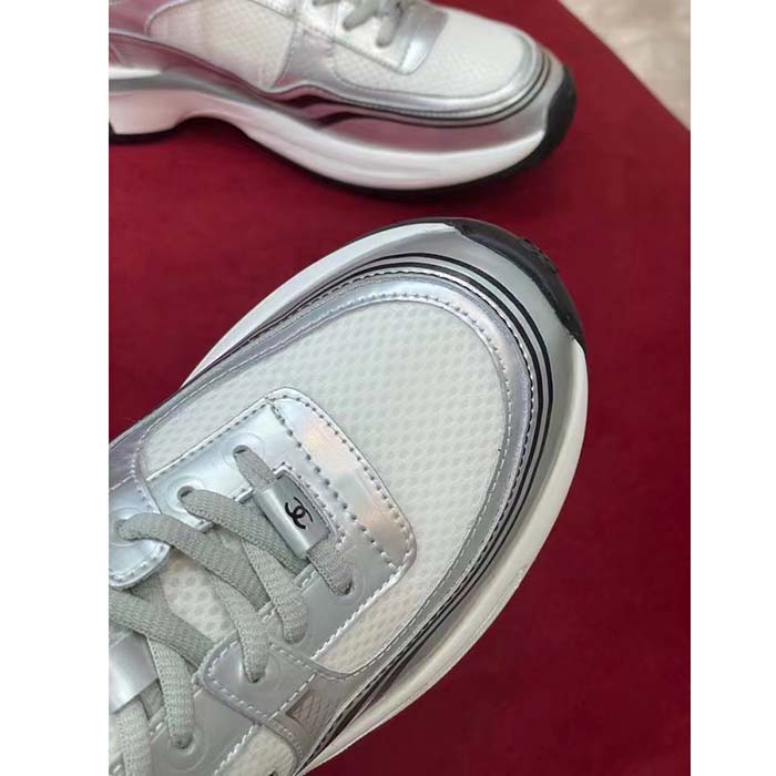 Chanel Women CC Sneakers Fabric Laminated White Silver 1 Cm Heel